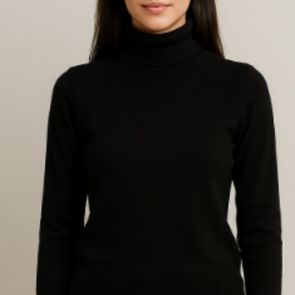 JM Collection Petite Black Turtleneck Top Button Detailing on Sleeves Size P
